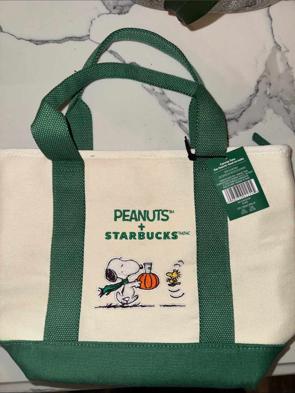 Starbucks Canvas Tote in Cream and Green with Peanuts Embroidery
